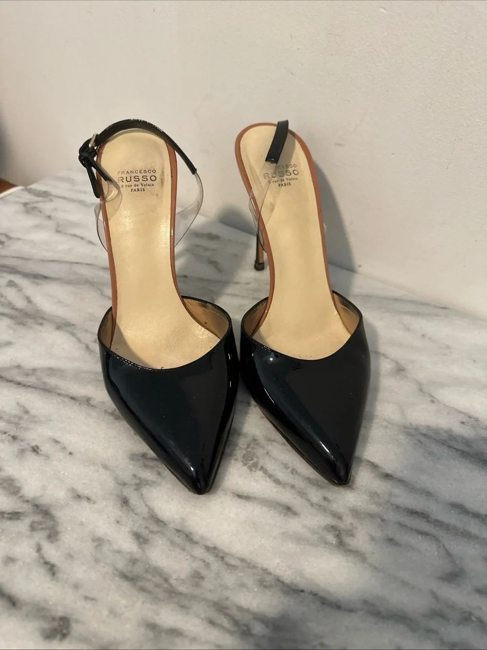 Francesco Russo Black Patent Pointed-Toe Slingback Heels Sz 38 Italy